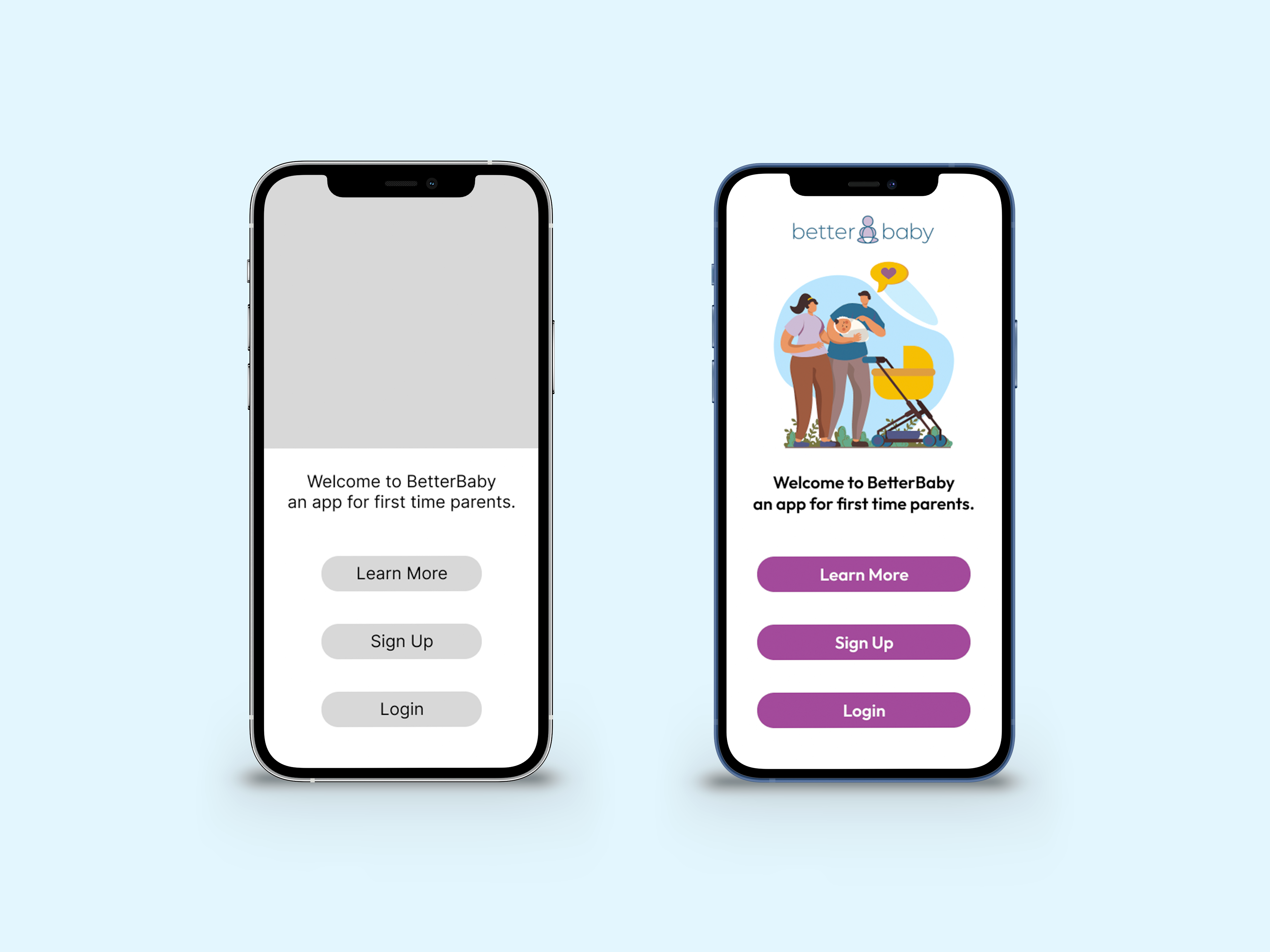 Better Baby App login screen wireframe and final version side by side